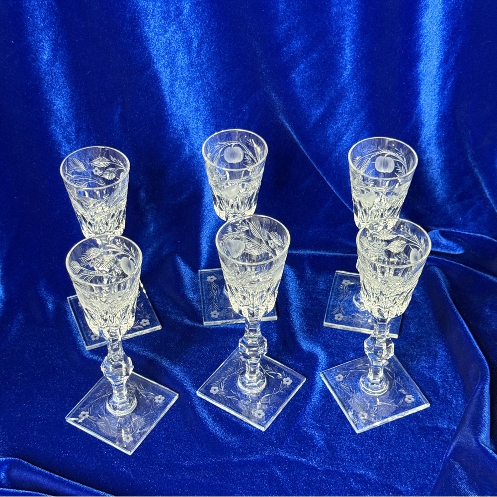 HAWKES Crystal Cordial Glasses Set of 6 Fruit Etched Gravic Rare‎ 1920s 5 3/8”
